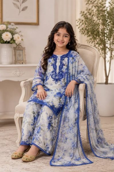 Designer White Girls Heavy Faux Georgette Suit Set with Embroidered Top and Palazzo Girls Wear