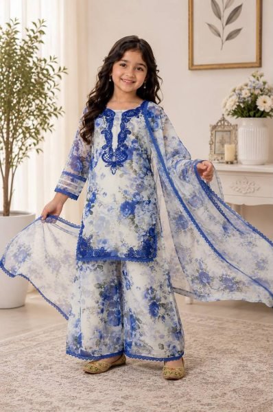 Designer White Girls Heavy Faux Georgette Suit Set with Embroidered Top and Palazzo Girls Wear