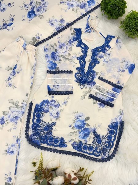 Designer White Girls Heavy Faux Georgette Suit Set with Embroidered Top and Palazzo Girls Wear