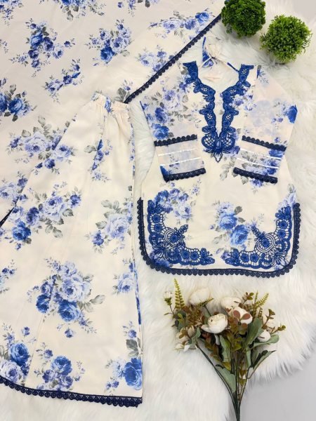 Designer White Girls Heavy Faux Georgette Suit Set with Embroidered Top and Palazzo Girls Wear