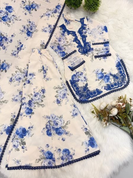 Designer White Girls Heavy Faux Georgette Suit Set with Embroidered Top and Palazzo Girls Wear