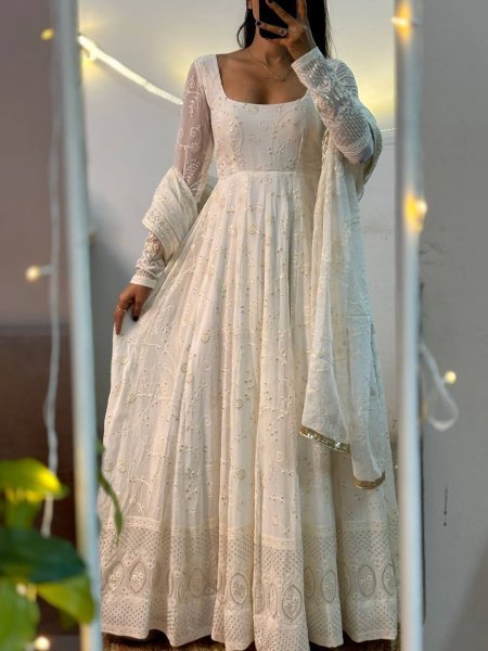 Designer White Heavy Georgette Anarkali with Sequin Embroidery Festive Ready Outfit Ready To Wear Suit