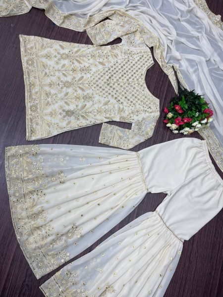 Designer White Heavy Georgette Partywear Kurta Sharara set Ready To Wear Collection