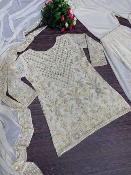 Designer White Heavy Georgette Partywear Kurta Sharara set Ready To Wear Collection