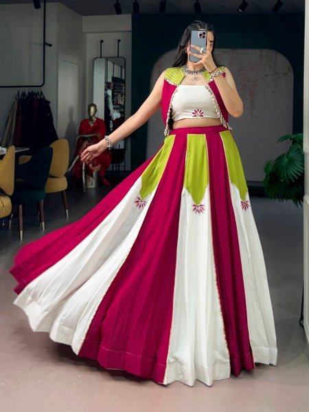 Designer White Pink Pure Rayon Lehenga Choli with Koti and Gota Patti Work for Navratri  Lehenga