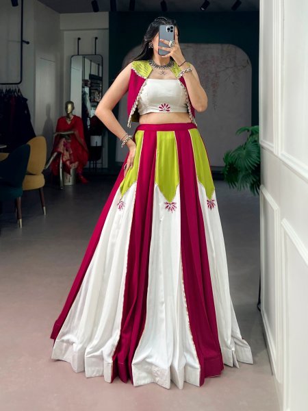 Designer White Pink Pure Rayon Lehenga Choli with Koti and Gota Patti Work for Navratri Navratri Lehnega Choli