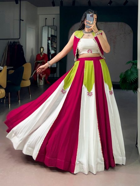 Designer White Pink Pure Rayon Lehenga Choli with Koti and Gota Patti Work for Navratri Navratri Lehnega Choli