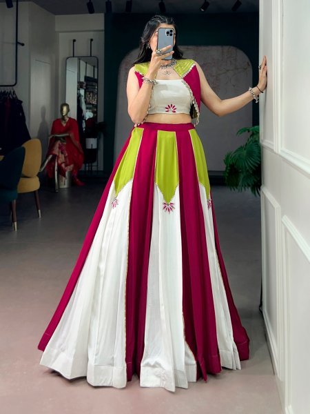 Designer White Pink Pure Rayon Lehenga Choli with Koti and Gota Patti Work for Navratri Navratri Lehnega Choli