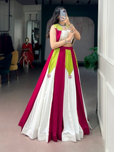 Designer White Pink Pure Rayon Lehenga Choli with Koti and Gota Patti Work for Navratri Navratri Lehnega Choli
