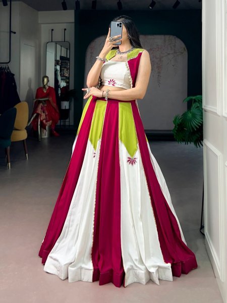 Designer White Pink Pure Rayon Lehenga Choli with Koti and Gota Patti Work for Navratri Navratri Lehnega Choli