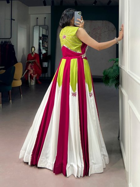 Designer White Pink Pure Rayon Lehenga Choli with Koti and Gota Patti Work for Navratri Navratri Lehnega Choli