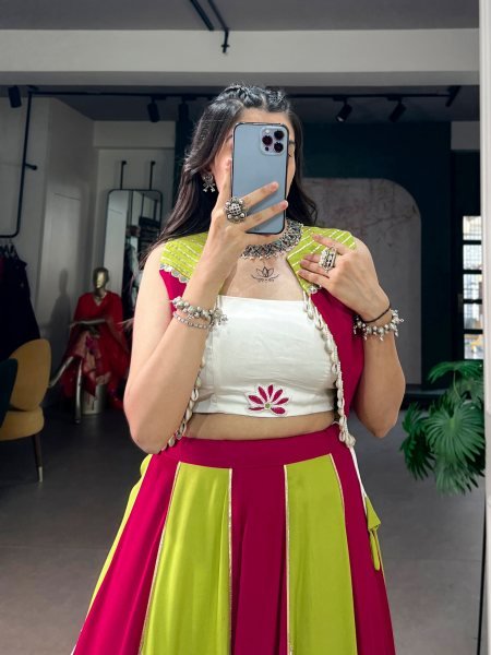 Designer White Pink Pure Rayon Lehenga Choli with Koti and Gota Patti Work for Navratri Navratri Lehnega Choli