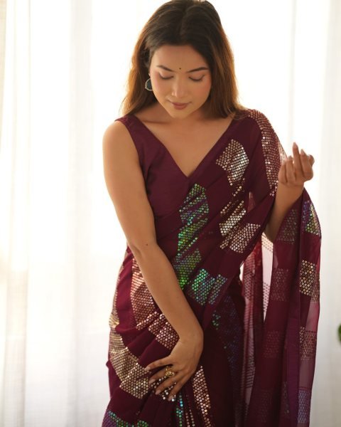 Designer Wine Maroon Georgette Saree with Sequin Work for Partywear Bulk Supplier  Georgette Sarees Wholesale