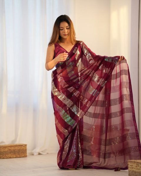 Designer Wine Maroon Georgette Saree with Sequin Work for Partywear Bulk Supplier  Georgette Sarees Wholesale
