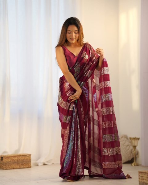 Designer Wine Maroon Georgette Saree with Sequin Work for Partywear Bulk Supplier  Georgette Sarees Wholesale