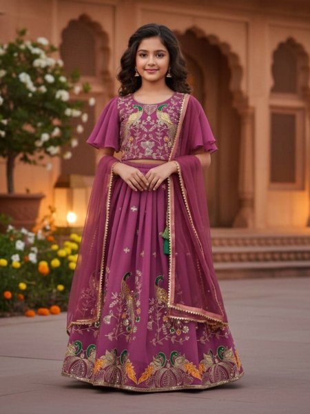 Designer Wine Lehenga Set for Girls with Embroidery Work Kurtis