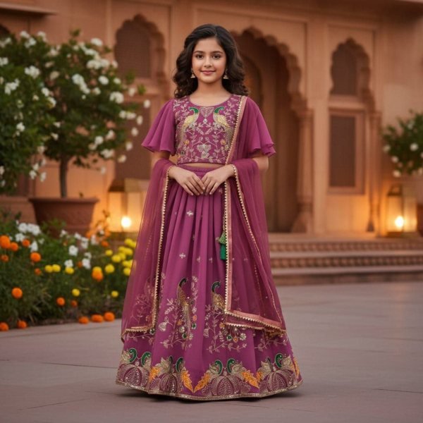 Designer Wine Lehenga Set for Girls with Embroidery Work Girls Wear
