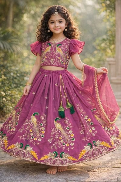 Designer Wine Lehenga Set for Girls with Embroidery Work Girls Wear