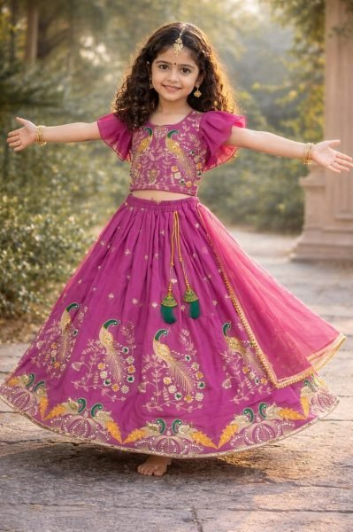 Designer Wine Lehenga Set for Girls with Embroidery Work Girls Wear
