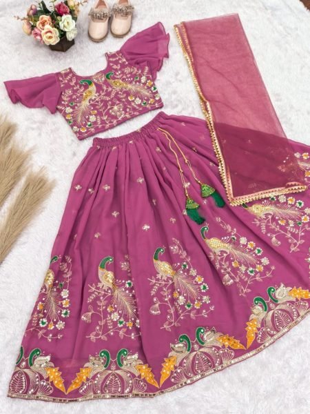 Designer Wine Lehenga Set for Girls with Embroidery Work Girls Wear