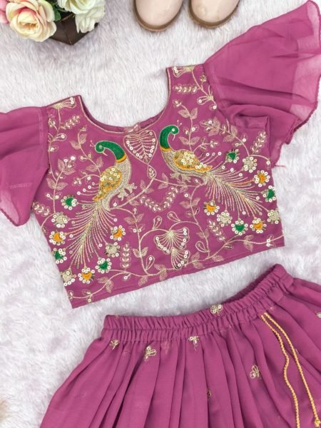 Designer Wine Lehenga Set for Girls with Embroidery Work Girls Wear