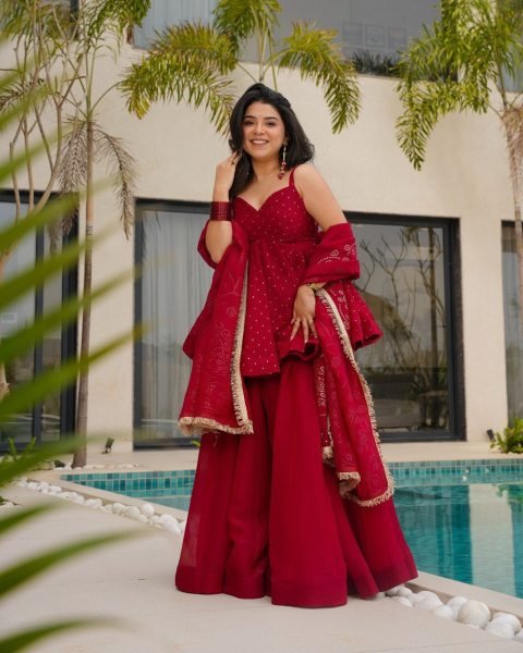 Designer Wine Red Anarkali Suit Set Premium Tabby Organza Handcrafted Mukesh Work Top Seller from Surat Anarkali Kurtis 