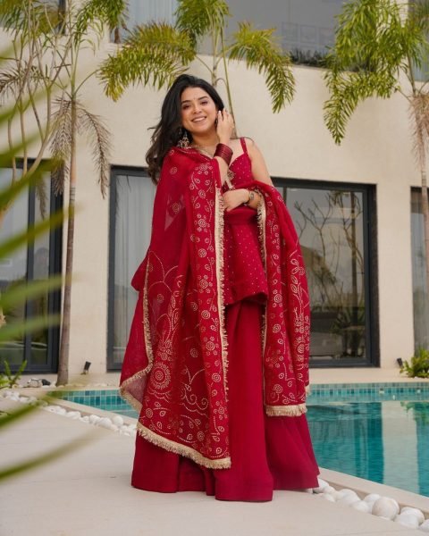 Designer Wine Red Anarkali Suit Set Premium Tabby Organza Handcrafted Mukesh Work Top Seller from Surat Anarkali Kurtis 