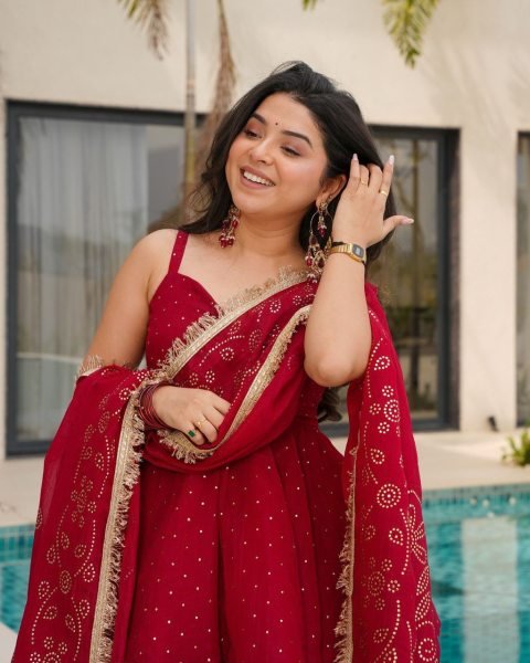 Designer Wine Red Anarkali Suit Set Premium Tabby Organza Handcrafted Mukesh Work Top Seller from Surat Anarkali Kurtis 