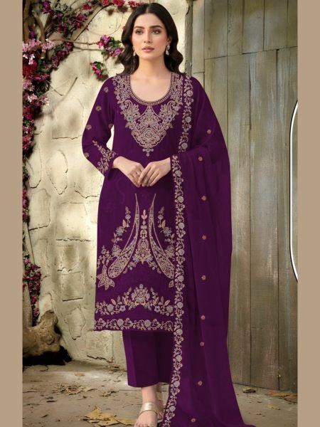 Designer Wine Velvet 3 Piece Set with Codding Work and Embroidered Dupatta 