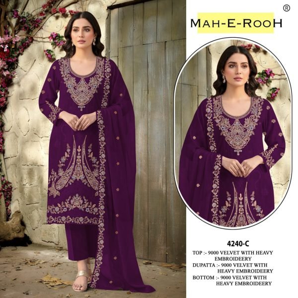 Designer Wine Velvet 3 Piece Set with Codding Work and Embroidered Dupatta Pakistani Suits Wholesale