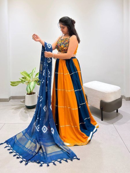 Designer Yellow Blue Rayon Navratri Lehenga with Gota Patti Lace and Mirror Work Blouse  Lehenga