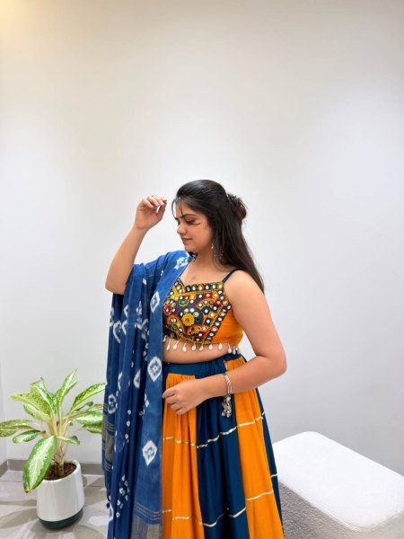 Designer Yellow Blue Rayon Navratri Lehenga with Gota Patti Lace and Mirror Work Blouse Navratri Lehnega Choli