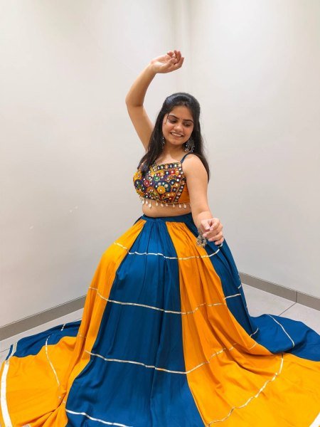 Designer Yellow Blue Rayon Navratri Lehenga with Gota Patti Lace and Mirror Work Blouse Navratri Lehnega Choli