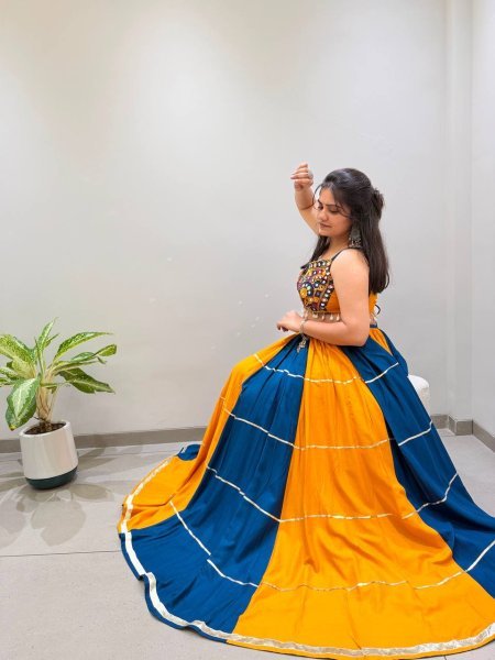 Designer Yellow Blue Rayon Navratri Lehenga with Gota Patti Lace and Mirror Work Blouse Navratri Lehnega Choli