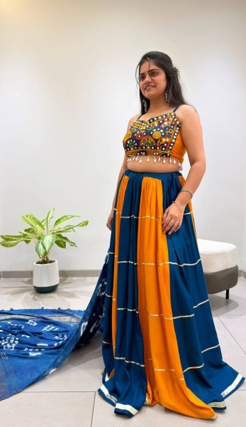Designer Yellow Blue Rayon Navratri Lehenga with Gota Patti Lace and Mirror Work Blouse Navratri Lehnega Choli