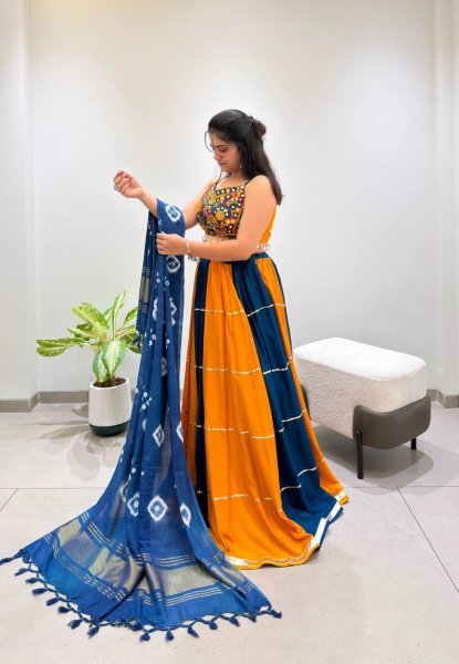 Designer Yellow Blue Rayon Navratri Lehenga with Gota Patti Lace and Mirror Work Blouse Navratri Lehnega Choli