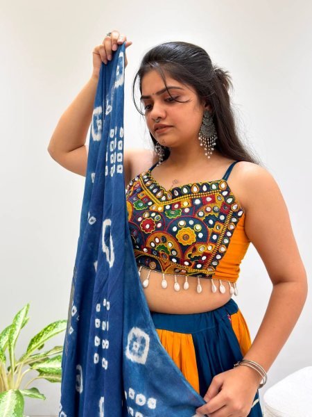Designer Yellow Blue Rayon Navratri Lehenga with Gota Patti Lace and Mirror Work Blouse Navratri Lehnega Choli