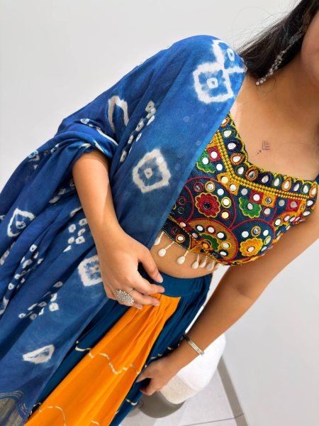 Designer Yellow Blue Rayon Navratri Lehenga with Gota Patti Lace and Mirror Work Blouse Navratri Lehnega Choli