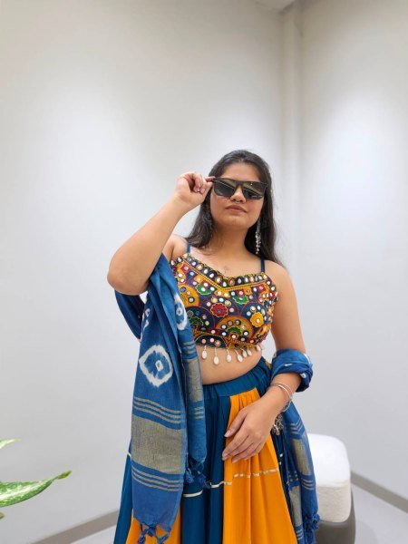 Designer Yellow Blue Rayon Navratri Lehenga with Gota Patti Lace and Mirror Work Blouse Navratri Lehnega Choli