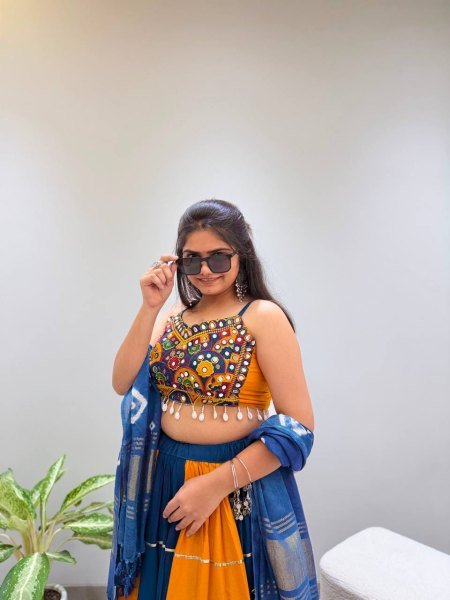Designer Yellow Blue Rayon Navratri Lehenga with Gota Patti Lace and Mirror Work Blouse Navratri Lehnega Choli