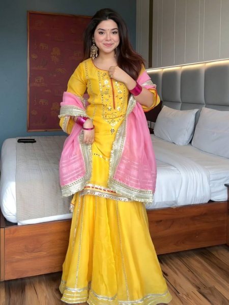 Designer Yellow Chinon Silk Kurti Sharara Set by RoyalExport Heavy Sequins Embroidered Kurti with Zimmy Chu Dupatta Ready to Wear Suit Ready To Wear Suit