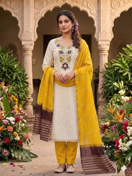 Designer Yellow Festive Wear Modal Suit Set with Fancy Chanderi Jacquard Dupatta Dress Material 