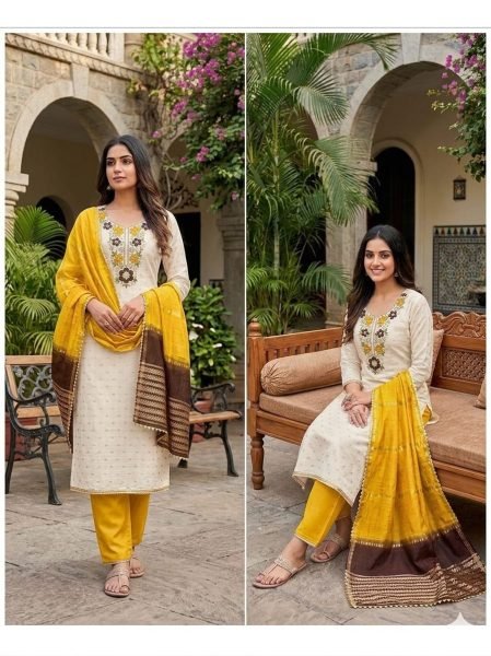 Designer Yellow Festive Wear Modal Suit Set with Fancy Chanderi Jacquard Dupatta Color Set Matching Dress Material Wholesale