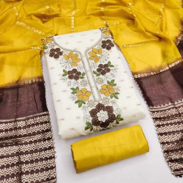 Designer Yellow Festive Wear Modal Suit Set with Fancy Chanderi Jacquard Dupatta Color Set Matching Dress Material Wholesale