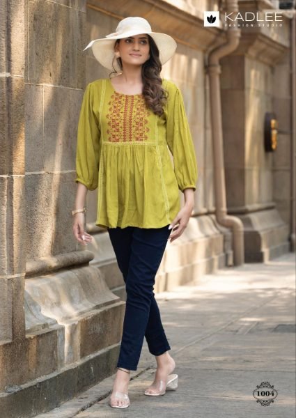 Crystal Select Collection Rayon Wrinkle Tops with Elegant Hand Embroidery Full Set Kurti