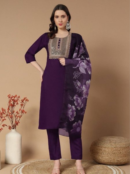 Designers Kurti Pent Dupatta Set with Roman Silk with Embroidery Work  