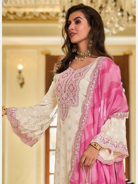 WHITE HEAVY FUAX GEORGETTE EMBROIDERED CHINE SEQUINS WORK SUIT Ready To Wear Collection