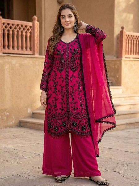 Detailed Rani Pink Faux Georgette Chine Sequence Work Suit Set with Fancy Lace Dupatta Ready To Wear Suit