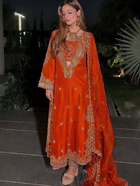 Detailed Work Orange Chinon Sequence Embroidered Work Kurti Pant Set with Blouse And Designer Dupatta 