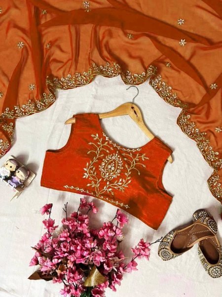 Detailed Work Orange Chinon Sequence Embroidered Work Kurti Pant Set with Blouse And Designer Dupatta Ready To Wear Collection